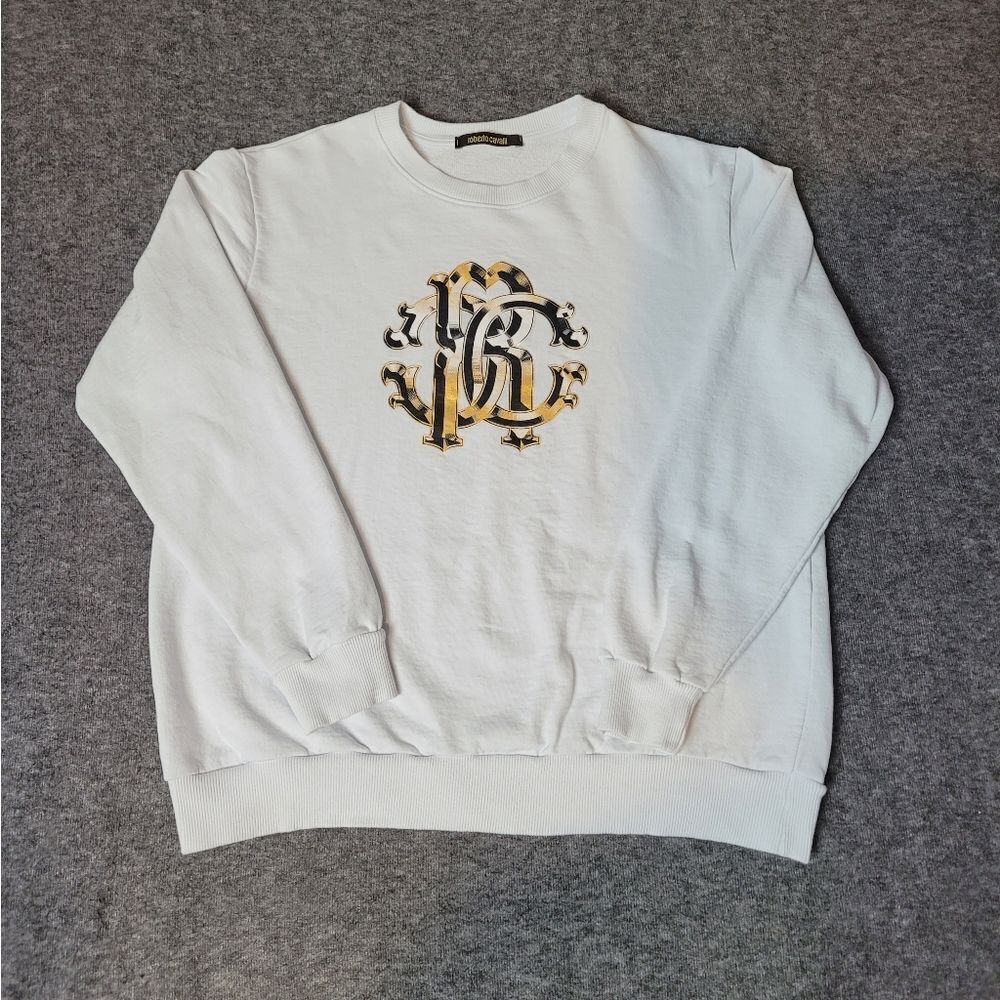 Roberto Cavalli Men's Size L White Logo Graphic Crew-Neck Pullover Sweatshirt